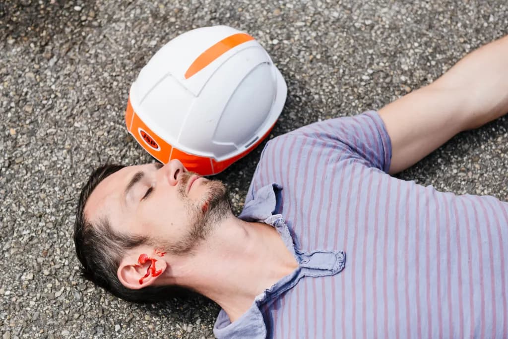 Homme-casque-sécurité Homme allongé au sol avec un casque de sécurité.