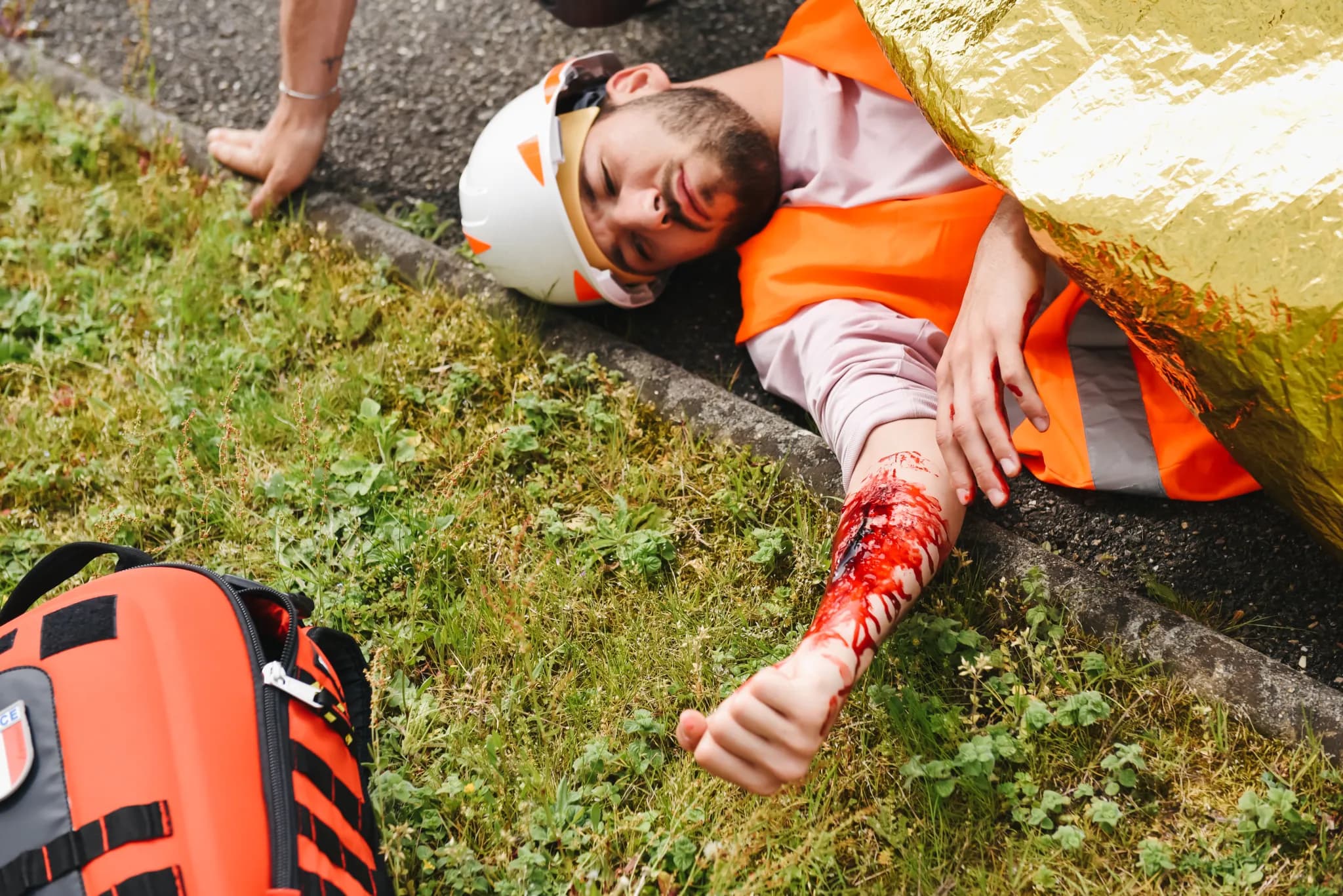 homme-blessé-bras-gilet Homme blessé au bras avec un gilet de sécurité